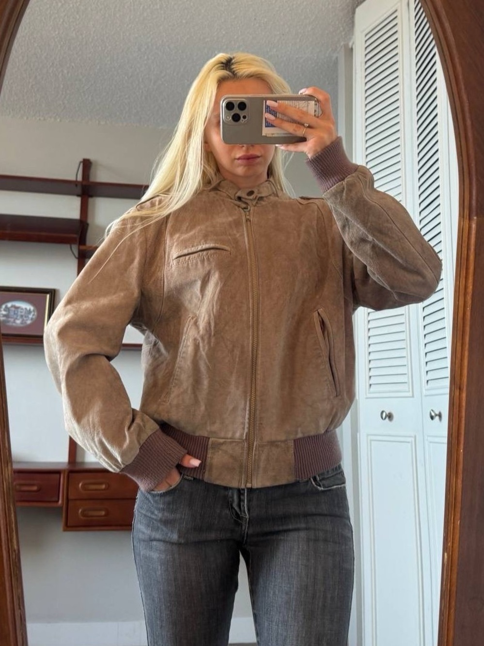 Distressed Leather Bomber Jacket in Brown